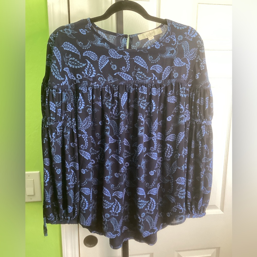 LOFT Navy and Light Blue Floral/Paisley  Blouse, size Medium